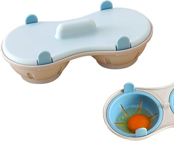 2 Cavity Microwave Egg Cooker, Breakfast Double Row Egg Cooker, Poached Egg Cup Kitchen Cooking Gadgets (Light Blue)