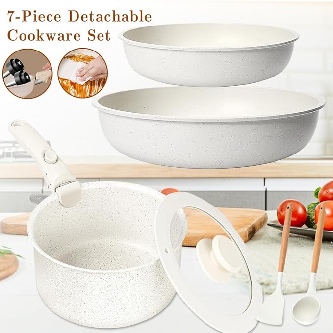 7-Piece Detachable Handle Non-Stick Cookware Set,with Beige Granite Texture Pots And Pans Set With Resistant to High Temperatures, Oven Safe, PFAS Free