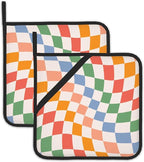 2 Pack Colorful Checkered Pot Holders for Kitchen Heat Resistant, Abstract Retro Wavy Potholders for Kitchens Washable for Cooking & Baking & Microwave