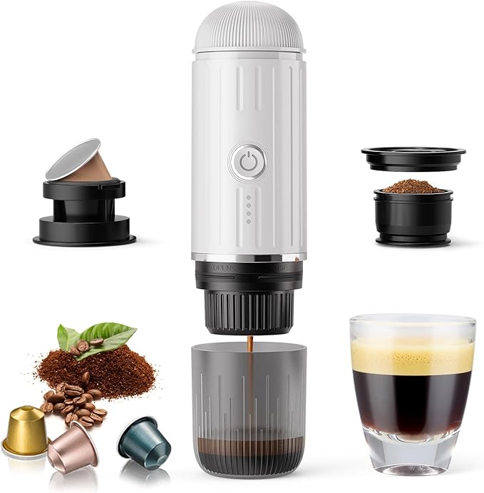 Portable Electric Espresso Machine, Travel Coffee Maker for Camping, Car Self-Heating Coffee Machine with USB-C, Compatible With NS Capsules & Ground Coffee, Portable Coffee Maker for Hiking,RV,Office