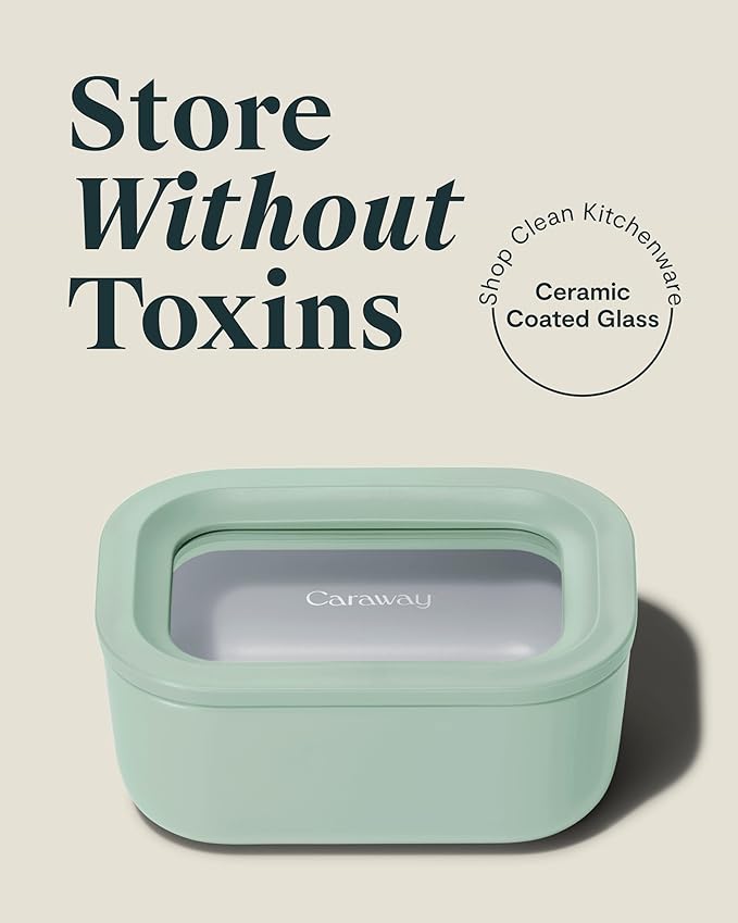 Caraway Mini Rectangle Food Storage Container - 2.6 Cup Glass Storage Container for Food - Non-Toxic Ceramic-Coated Glass - Air Release Technology - Compact & Stackable Design - Mist