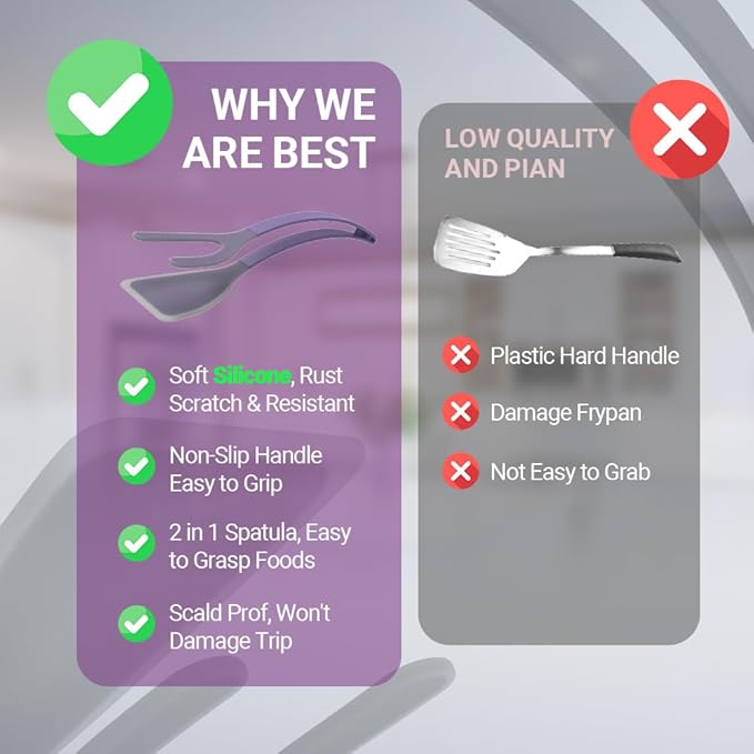 Silicone Egg Flipper Spatula Tongs (Set of 1) – Non-Stick 2-in-1 Grip & Flip Kitchen Tongs for Pancakes, Fish, Eggs, and More – Heat Resistant Cooking Tool (Black) (Purple)