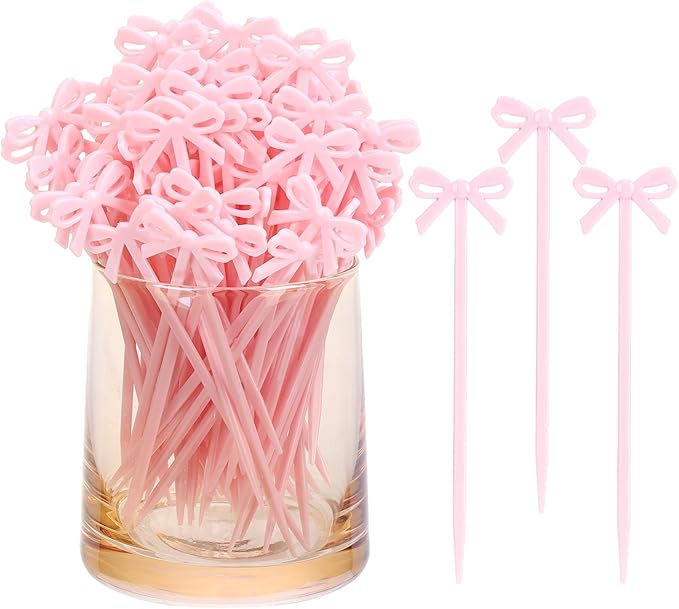 100Pcs Pink Toothpicks Plastic Bow Cocktail Picks Long Fruit Skewers Christmas Bow Drink Stirrers Cupcake Toppers Fancy Toothpick for Appetizers Drinks Wedding Coquette Birthday Bow Party Decorations