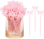 100Pcs Pink Toothpicks Plastic Bow Cocktail Picks Long Fruit Skewers Christmas Bow Drink Stirrers Cupcake Toppers Fancy Toothpick for Appetizers Drinks Wedding Coquette Birthday Bow Party Decorations