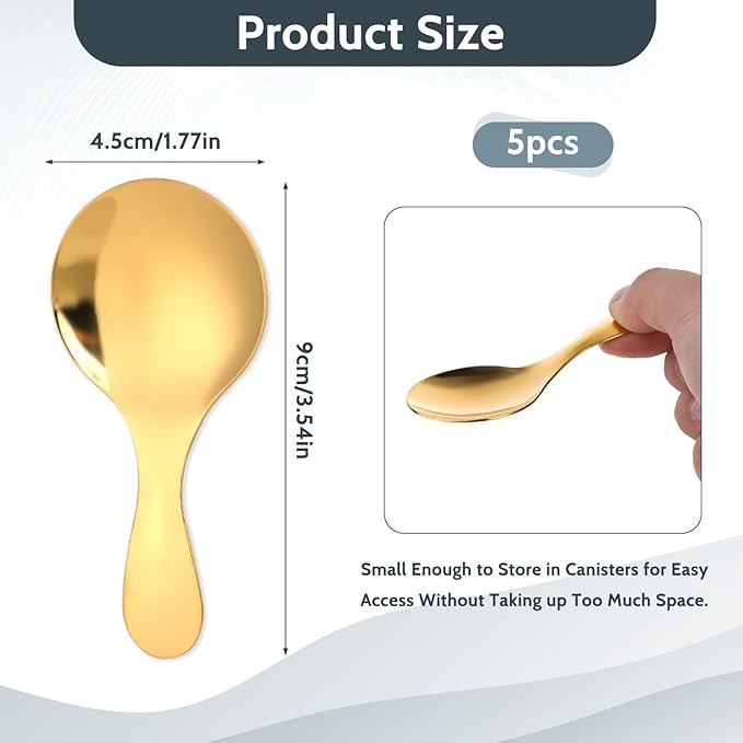 5 PCS Short Handle Spoons Gold Mini Scoops Stainless Spoons for Canisters Small Coffee Scoops Candy Scoops for Condiments Tea Desserts Coffee