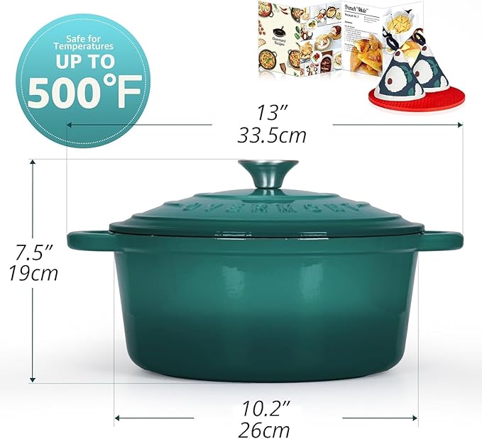 Overmont Enameled Cast Iron Dutch Oven - 5.5QT Pot with Lid Cookbook & Cotton Potholders - Heavy-Duty Cookware for Braising, Stews, Roasting, Bread Baking bottle green