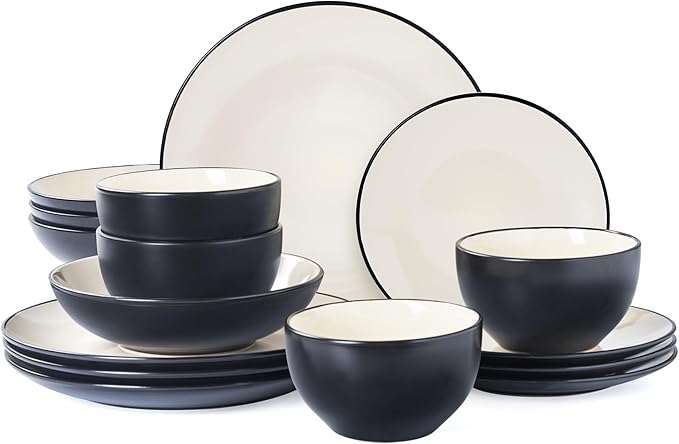 Plates and Bowls Sets for 4 - CJDC-QUELO 16-Piece Stoneware Dinnerware Sets, Ceramic Dishware Set for Indoor Kitchen Use and Formal Dining, Chip and Scratch Resistant Microwave Dishwasher Safe, Ivory