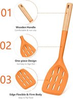 Pack of 2 Silicone Spatula, Non Stick Cooking Utensil Set, Wooden Handle Kitchen Turner for Baking Mixing Grilling Serving Food Heat Resistant (ORANGE)