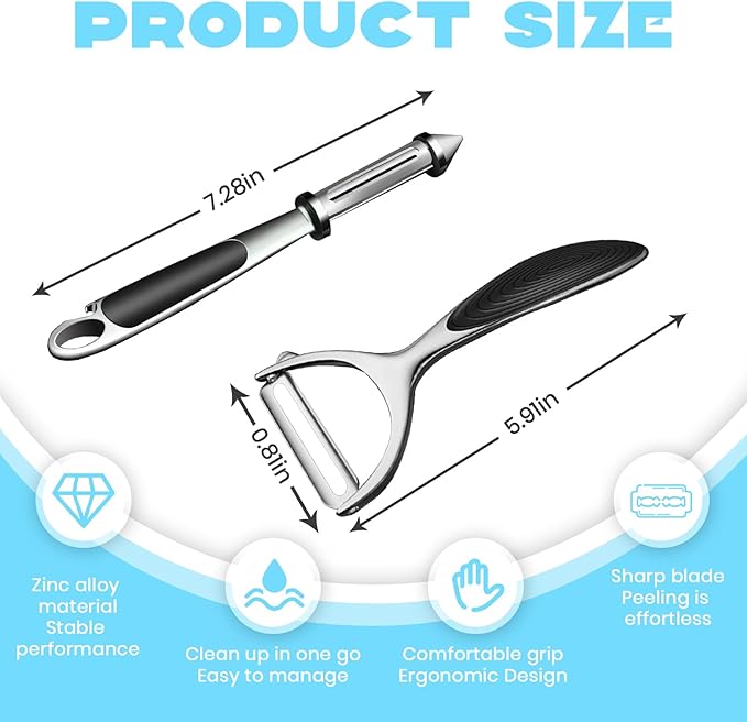 Professional Stainless Steel Vegetable Peeler - Ultra Sharp Y & I Shape Potato Peelers with Non-Slip Soft Grip Handle, Effortless Carrot & Fruit Peeling Kitchen Tools, Set of 2