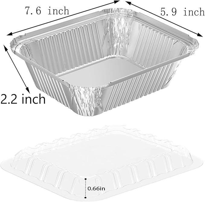 100 Pack 2 lb Rectangular Disposable Aluminum Foil Pan 32 oz Take Out Food Containers with Clear Plastic Dome Lids, for Catering, Baking, Roasting Food