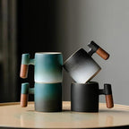 2-Oz Ceramic Espresso Cups with Wood Handle, 2/4-Piece Set for Coffee, Tea, Latte - Dishwasher Safe, Multi-Color & Wood Styles, Gift & Café Use (balck, Wooden Handle2)