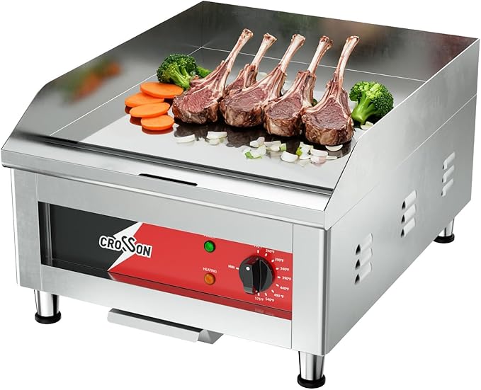 CROSSON 16"*16" Electric Chrome Plated Griddle,Commercial Countertop Flat Top Griddles with Non-Stick 2/5" Thick Iron Cooking Plate for Restaurant and home use-120V/1750W,Spatula Included