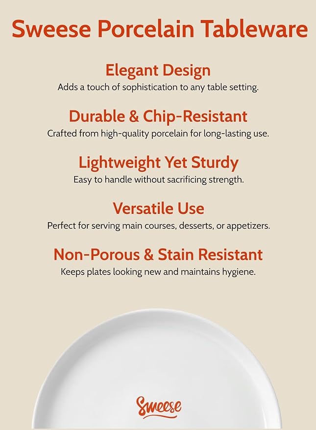 Sweese 7.4 Inch Porcelain Dessert Plates, Set of 6 - Stackable, Microwave Oven Safe - White