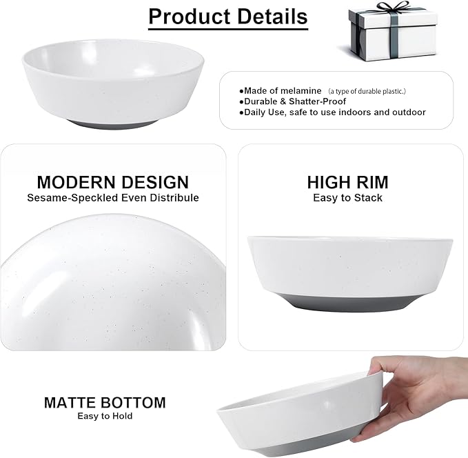 Webbylee 9.5" Melamine Serving Bowl -78oz Durable Large Bowl for Mixing Fruit, Pasta, Salad, and Soup - An Ideal Housewarming Gift White & Grey