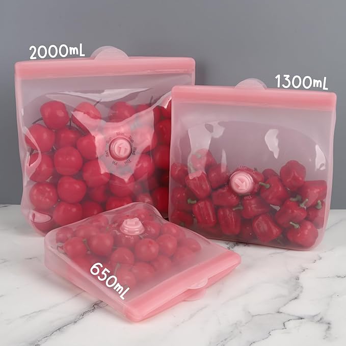 Reusable Silicone Food Storage Bags – Premium Eco-Friendly Multi-Size Set (650ml/1300ml/2000ml), Leakproof, BPA-Free, Freezer & Microwave Safe, Dishwasher Friendly (Pink)
