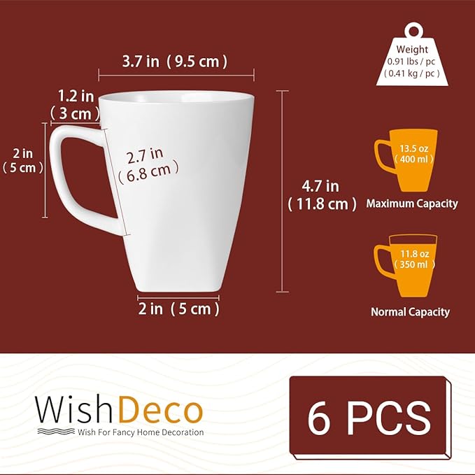 White Coffee Mugs Set of 6, Ceramic Coffee Cups 14 oz, Modern Tea Mugs, Porcelain Tea Cups, Large Mug for Latte, Cappuccino, Milk, Juice, Cocoa, Square Bottom, Microwave and Dishwasher Safe