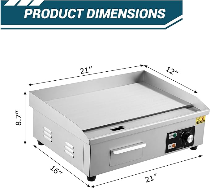 21 in Commercial Electric Griddle Countertop, 1600 w Flat Top Breakfast Teppanyaki Grill Non Stick, Heavy Duty Stainless Steel Pancake Griddle for BBQ Party Restaurants