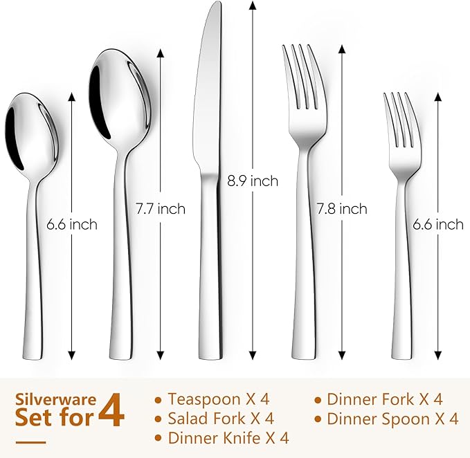 LIANYU 32PC Dinnerware Sets with Silverware for 4, Stoneware Plates and Bowls Dish Set, Stainless Steel Square Flatware Cutlery, Kitchen Dining Dishware, Microwave & Dishwasher Safe, Snowy White