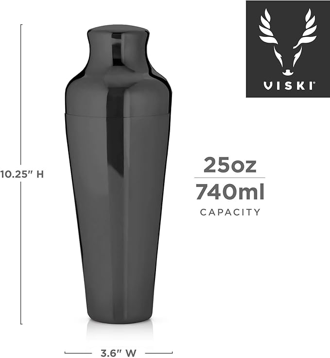 Viski Parisian Cocktail Shaker for Cold Brew Cocktails, Margarita, Espresso Martini, Contoured High Shine Polished Stainless Steel Martini Shaker, Home Bar, Bartender Gifts, 25 oz, Set of 1, Black