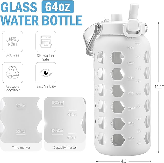 MUKOKO 64oz Glass Water Bottles with Straw and Lid,Half Gallon Water Bottle with Time Marker,Large Glass Water Jug with Silicone Sleeve and Stainless Steel Handle-White