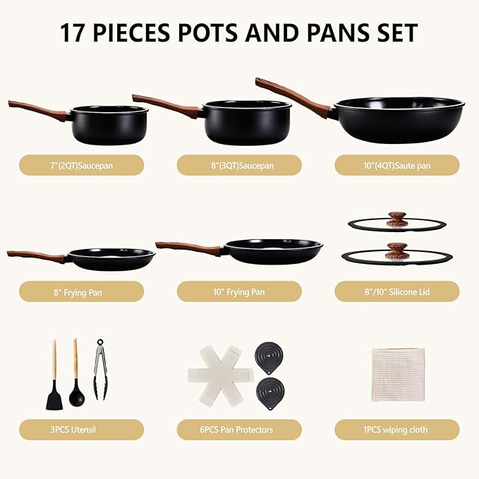 ROVSUN 17 Pcs Nonstick Pots and Pans Set, Cast Aluminum Kitchen Cookware Set, RV Kitchen Cooking Set and Utensils, PFAS PFOA & PFOS Free, Black, Skillet, Saute Pan, Soup Pot