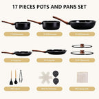 ROVSUN 17 Pcs Nonstick Pots and Pans Set, Cast Aluminum Kitchen Cookware Set, RV Kitchen Cooking Set and Utensils, PFAS PFOA & PFOS Free, Black, Skillet, Saute Pan, Soup Pot