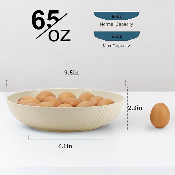 10inch Wheat Straw Big Bowls Set of 6 - Large Salad Bowls 65oz set of 6 - Unbreakable Serving Bowls Microwave & Dishwasher Safe for restaurant - Big Plastic Bowls for Cereal,Salad - Beige Series