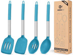 Pack of 4 Silicone Cooking Utensils Set, Non Stick Large Solid Spatulas, Heat Resistant Blue Slotted Spoons, Ideal BPA Free Kitchen Turners for Frying, Mixing,Serving,Draining,Turning,Stirring