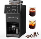 Coffee Maker with Grinder, Programmable Hot and Cold Coffee Maker with 22 oz Glass Carafe, Fully Automatic Coffee Machine with Timer, Removable Filter, Black Americano Coffee Machine