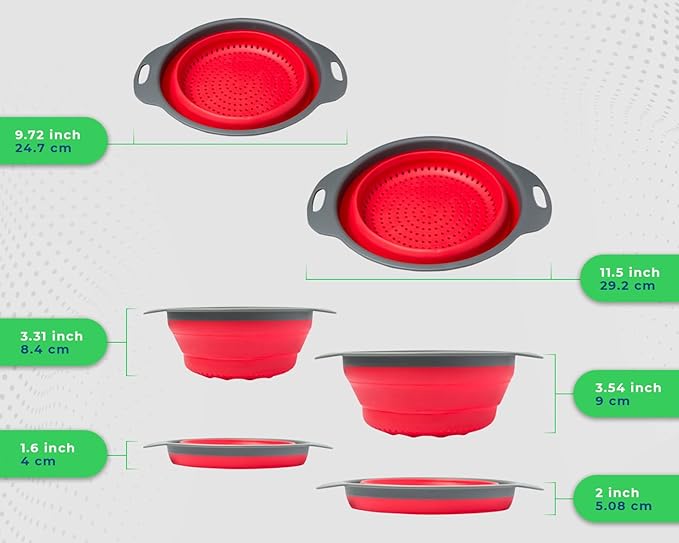 Ultimate Kitchen Strainers Set of 2 - Collapsible Silicone Colanders For Easy Storage by Comfify - Use with Pasta & Veggies or as a Fruit or Berry Bowl with Strainer - Irreplaceable for Campers - Red