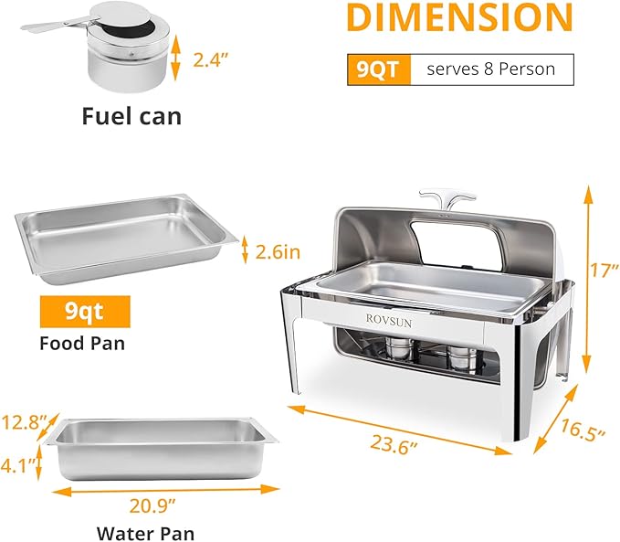 ROVSUN Roll Top Chafing Dish Buffet Set,NSF 9 Quart Rectangular Stainless Steel Chafer for Catering,Buffet Servers and Warmers Set with Glass Window for Wedding, Parties, Banquet, Events, Full Size