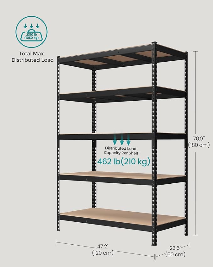 SONGMICS 5-Tier Storage Shelves, Load 2310 lb, Garage Storage, Boltless Assembly, Adjustable Shelving Unit, 23.6 x 47.2 x 70.9 Inches, for Study Shed Basement, Black and Natural Beige UGLR600B01