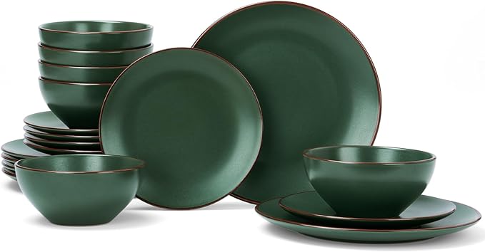 Famiware Venus Plates and Bowls Sets, 18 Pieces Stoneware Dinnerware Sets, Speckled Dishes Set for 6, Microwave and Dishwasher Safe, Matte Dark Green