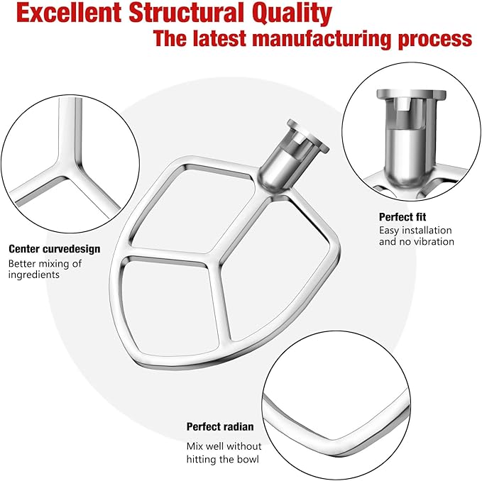 5-6QT Stainless Steel Flat Beater for KitchenAid Stand Mixer, Kitchen Aid Paddle Attachment Accessories/No coating/Dishwasher Safe Replacement for kitchenaid Professional 5 Plus and 600 Series Mixer