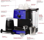 EspressoWorks All-In-One Espresso Machine with Milk Frother 7-Piece Set - Latte Maker Includes Grinder, Frothing Pitcher, Cups, Spoon and Tamper - Coffee Gifts (Blue)