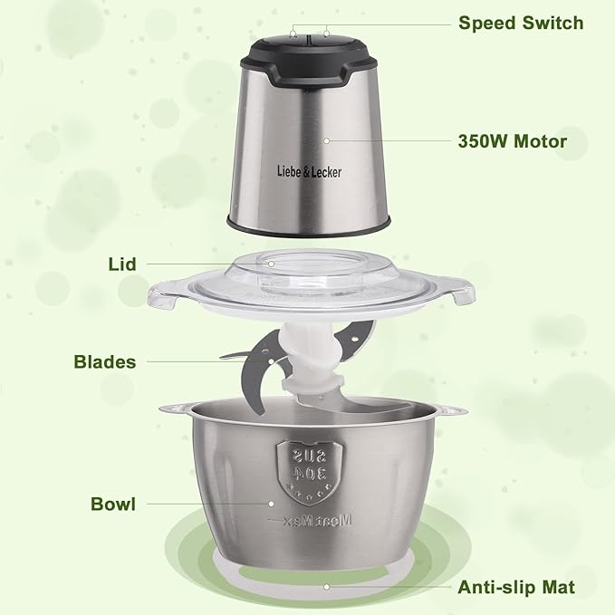 Liebe&Lecker Food Processor, Meat Grinder with 2 Bowls 8 Cup and 8 Cup, Food Chopper Electric Vegetable Chopper with 4 Large Sharp Blades for Fruits, Meat, Vegetables, Baby Food, Nuts, 2 Speed.