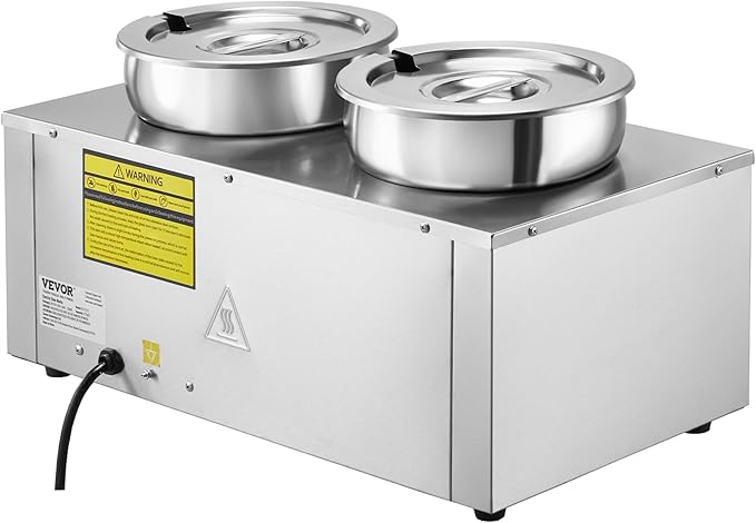 VEVOR Electric Soup Warmer, Dual 7.4QT Stainless Steel Round Pot 86~185°F Adjustable Temp, 1200W Commercial Bain Marie with Anti-Dry Burn and Reset Button, Soup Station for Restaurant, Buffet, Silver