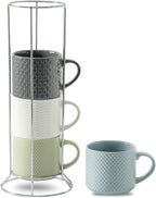 Hasense Coffee Mugs 12 OZ Ceramic Cups Set of 4, Stackable Embossed Coffee Cups with Rack, Porcelain Coffee Cups for Latte, Cappuccino, Mocha, Cocoa, Americano, Hot Tea and Milk, Multi Color