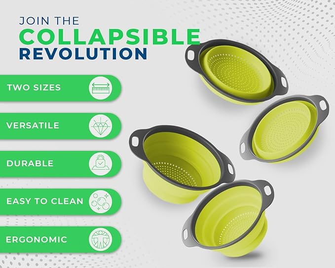 Ultimate Kitchen Strainers Set of 2 - Collapsible Silicone Colanders For Easy Storage by Comfify - Use with Pasta & Veggies or as a Fruit or Berry Bowl with Strainer - Irreplaceable for Campers -Green