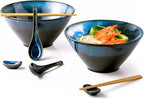Large Salad Soup Ramen Serving Bowls, 71 OZ Ceramic Japanese Ramen Noodle Bowls with Chopsticks, Spoons and Rests - Super Big Bowl Sets for Udon, Pho, Pasta, Cereal, Set of 2 - Reactive Blue