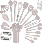 Silicone Kitchen Cooking Utensils Set with Stainless Steel Handle, Spatula Set Utensil Set, Cooking Utensil Set,Kitchen Tools Gadgets for Nonstick Cookware (35, Khaki)