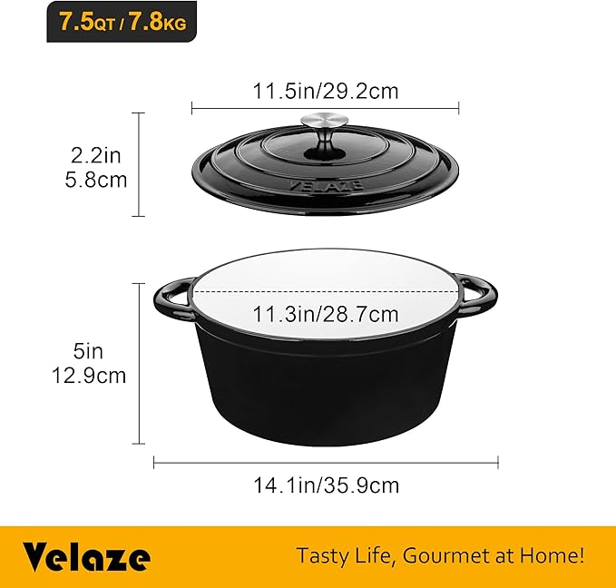 Velaze 7.5 QT Dutch Oven Pot with Lid, Enameled Cast Iron Dutch Oven with Dual Handles for Sourdough Bread Baking, Cooking, Non-stick Enamel Coated Cookware (Black)