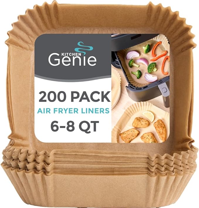 KITCHEN GENIE BPA-Free Air Fryer Liners Disposable, 200 PCS, Non-Stick Oil Proof Parchment Paper Sheets for Easy Clean Cooking, Fits 5-8 QT Basket, Microwave, Toaster Oven, Free of Bleach, 8 In Square