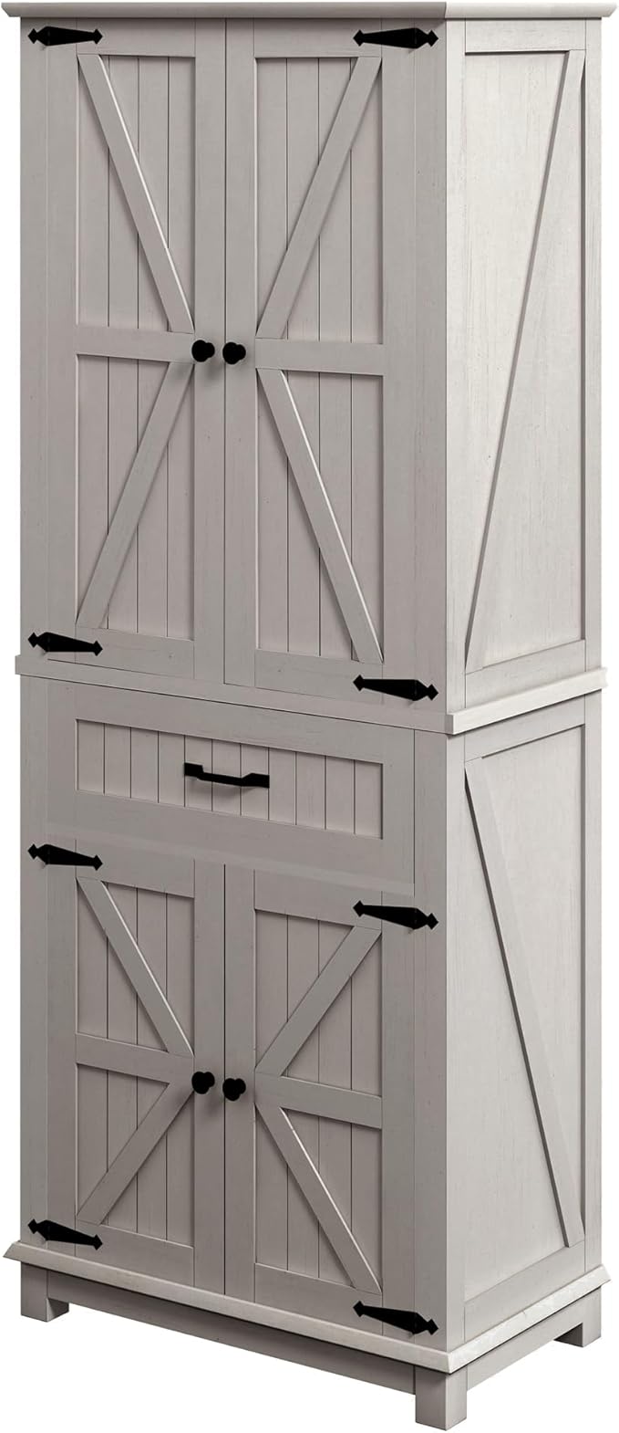 DWVO 72" Tall Farmhouse Pantry Cabinet, Kitchen Storage Pantry with Barn Doors & Drawer, Versatile Organizer with Adjustable Shelves, Rustic Cupboard for Dining Room, Living Room, White Oak