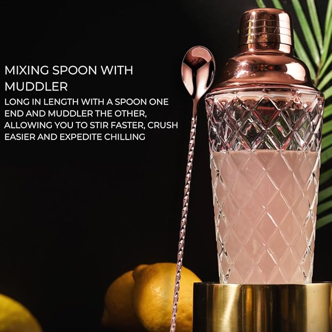 Rose Gold Cocktail Shaker Set - 5 Piece Martini Shaker Set with Strainer, Jigger, Spoon & Muddler - 16oz Glass Cocktail Shaker Set - Ideal Gift for Home Bar & Drink Trolley Décor