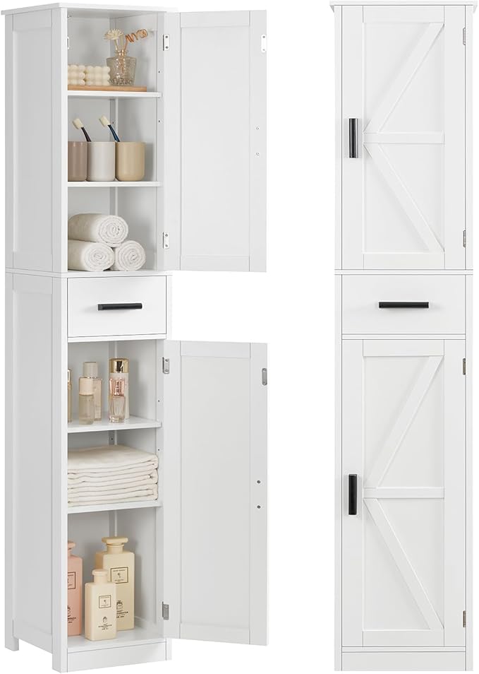 WEENFON 67 Tall Bathroom Cabinet with 6 Shelves & 1 Drawer, Narrow Storage Cabinet with Adjustable Shelves, Silm Cabinets for Bathroom, Living Room, Kitchen, White