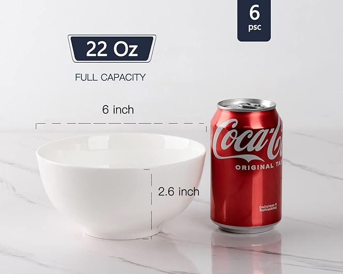 DELLING Ultra-Strong 22 Ounce Soup Bowls, Cereal Bowl, 6 inch Bowls Set, White Ceramic Bowls, White Bowls for Kitchen, Snack Rice Pasta Salad Oatmeal, Set of 6, Dishwasher & Microwave Safe