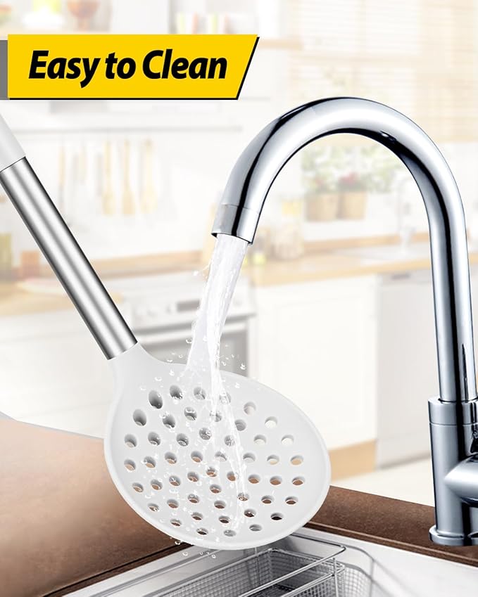 Kitchen Ladle Strainer Set of 2 Large Slotted Spoon with High Heat Resistant BPA Free Non Stick Cooking Skimmers For Draining and Frying (Black-White)
