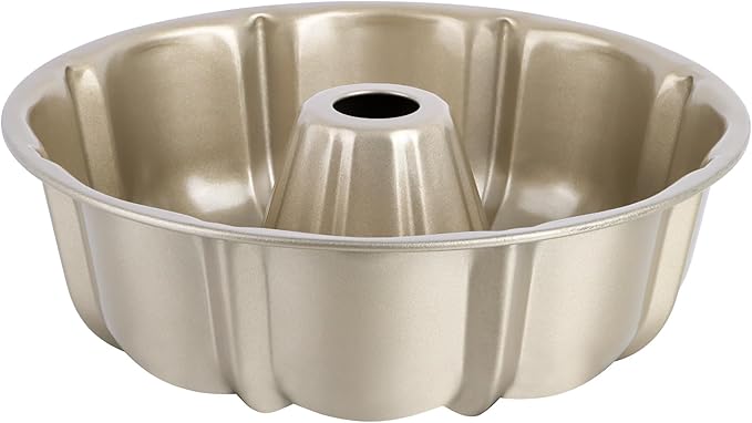 E-far 10 Inch Fluted Cake Pan, Nonstick Tube Pan for Baking Pound Cake, Heavy Duty Carbon Steel Round Baking Mold, Easy Release & Easy to Clean, 10 Cup, Champagne Gold