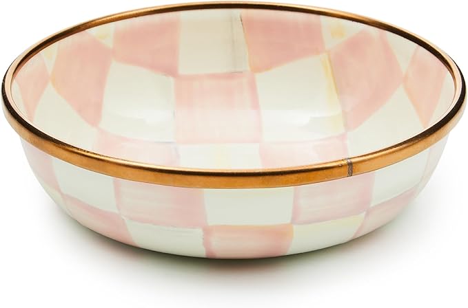 MACKENZIE-CHILDS Enamel Dipping Bowl, Small Serving Bowl for Entertaining, Pink-and-White Rosy Check